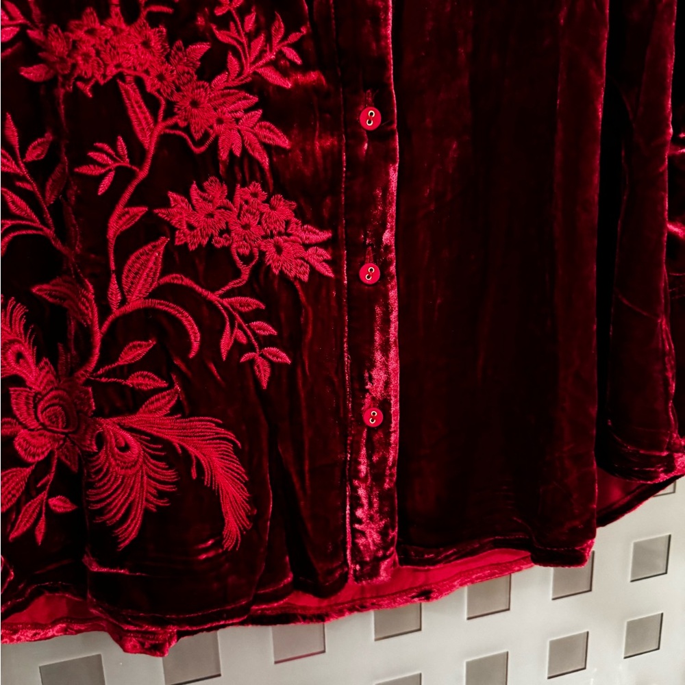 Johnny Was Burgundy Velvet Embroidered Peacock Button Down Blouse S NWT Boho - Picture 8 of 11